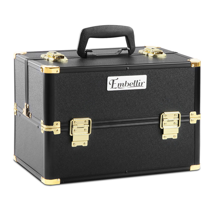 Embellir Portable Cosmetic Beauty Makeup Case With Mirror- Black & Gold