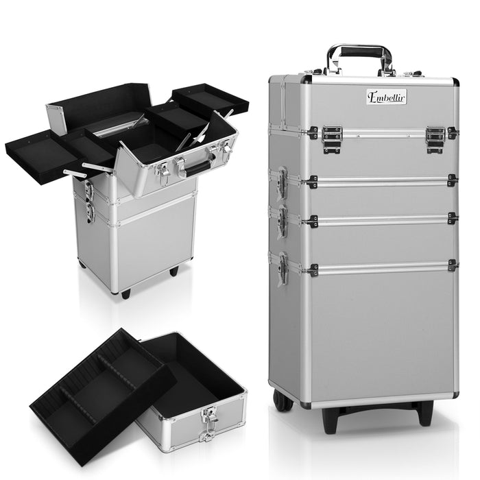 Embellir 7 in 1 Portable Cosmetic Beauty Makeup Trolley Box Aluminum Cosmetic Organizer - Silver