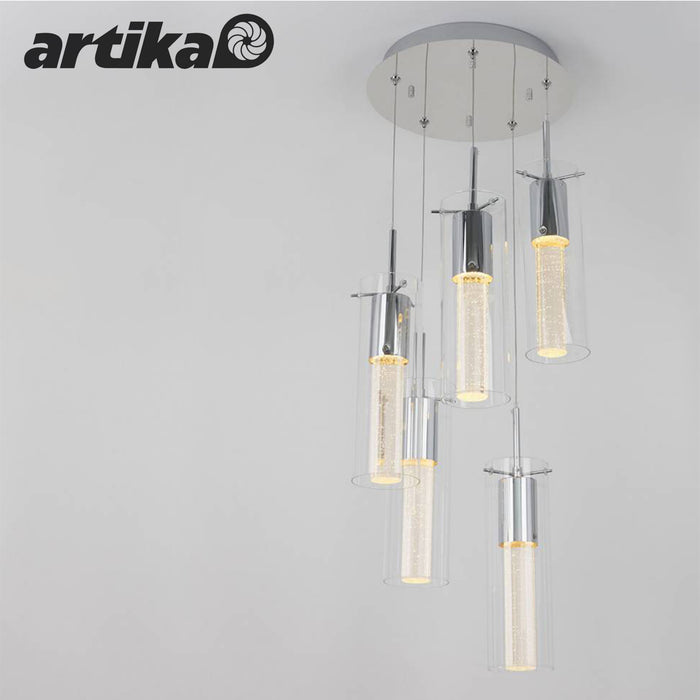 Artika Champagne Glow 5 Cylinder LED Pendant Light Fixture Adjustable Cables Pendant LED