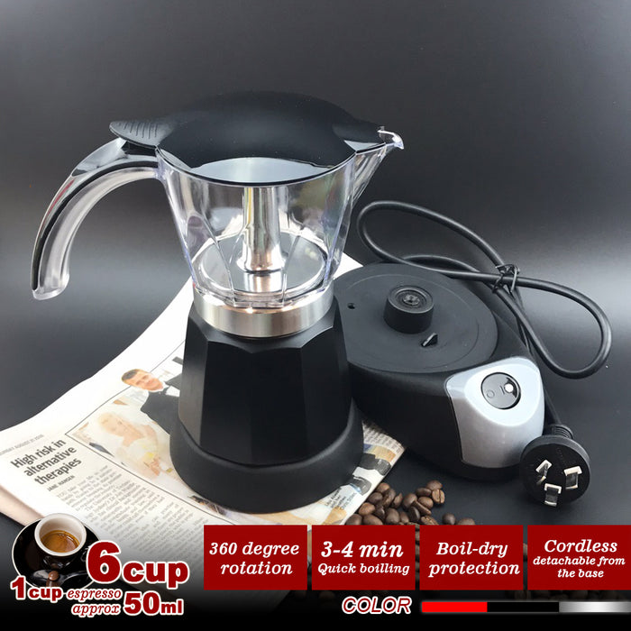 Electric Moka Coffee Maker Espresso Machine Italian Classic 6 Cups Auto Power 4 Colors
