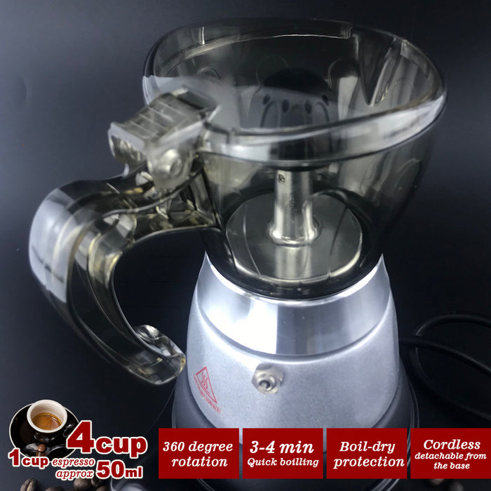 High Pressure Electric Moka Coffee Maker Cafeteria Espresso Moka 4Cups PC & Aluminum