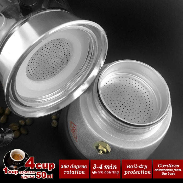 High Pressure Electric Moka Coffee Maker Cafeteria Espresso Moka 4Cups PC & Aluminum