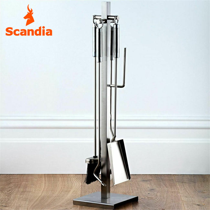 Scandia Vogue Fire Stainless Steel Tool Set Steel Fireside Ash Scraper Shovel Tongs Brush Stand