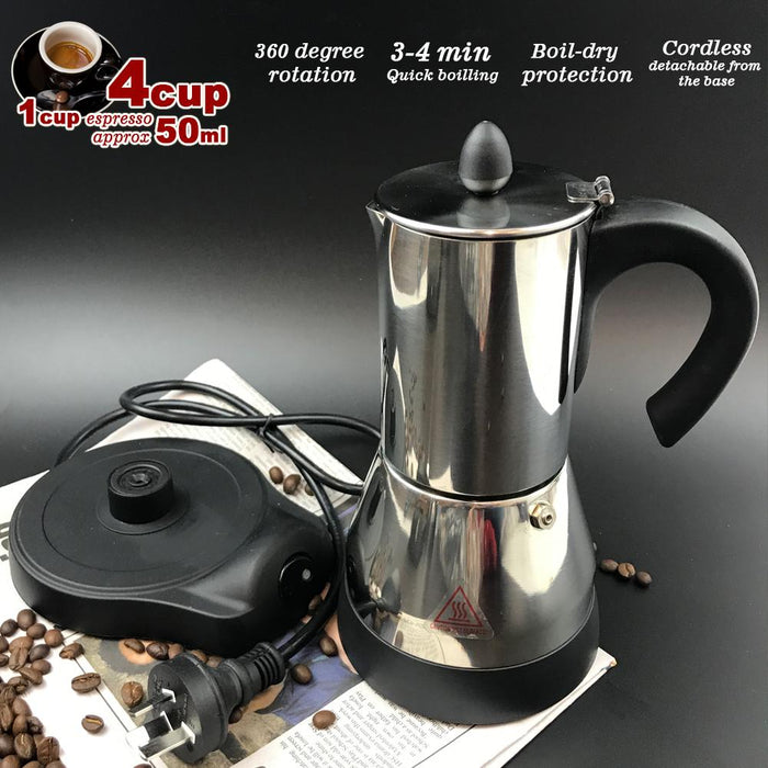 4Cups Electric Espresso Moka Italian Classic Stainless Steel Coffee Maker