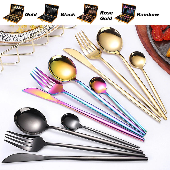 24 Piece Flatware Cutlery Set 410 Stainless Steel Knife Fork Spoon Tea Spoon Gold Black Rose Gold Rainbow