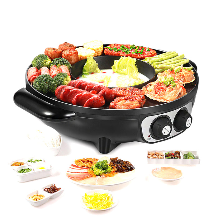 2 In 1 Electric Non-Stick BBQ Plate Hot Pot Pan Shabu Grill Barbecue