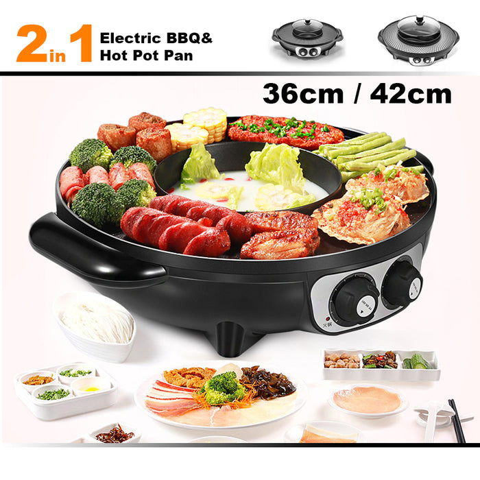 2 In 1 Electric Non-Stick BBQ Plate Hot Pot Pan Shabu Grill Barbecue