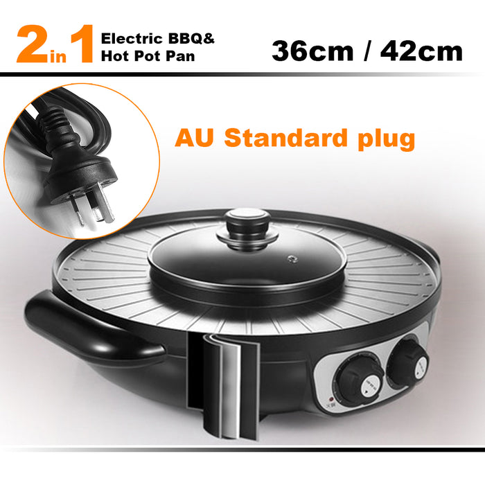 2 In 1 Electric Non-Stick BBQ Plate Hot Pot Pan Shabu Grill Barbecue