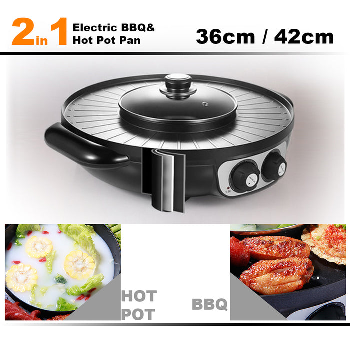2 In 1 Electric Non-Stick BBQ Plate Hot Pot Pan Shabu Grill Barbecue