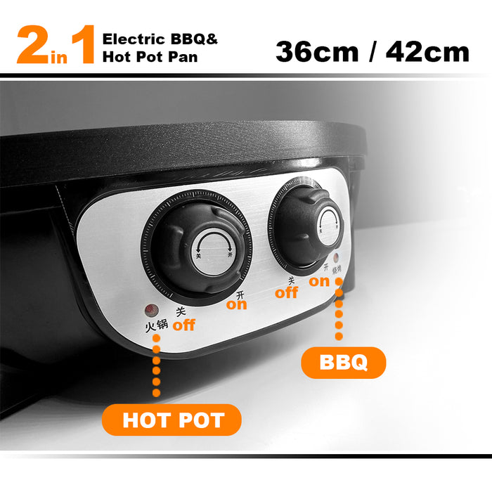 2 In 1 Electric Non-Stick BBQ Plate Hot Pot Pan Shabu Grill Barbecue