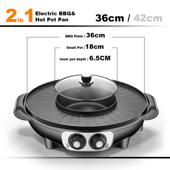 2 In 1 Electric Non-Stick BBQ Plate Hot Pot Pan Shabu Grill Barbecue