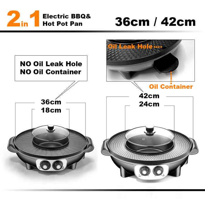 2 In 1 Electric Non-Stick BBQ Plate Hot Pot Pan Shabu Grill Barbecue