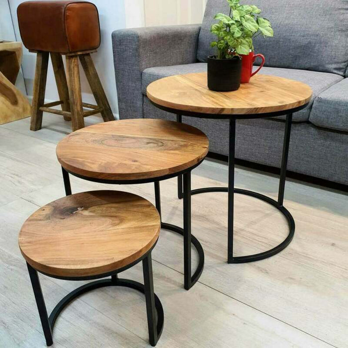 [MANGO TREES] "Oakdale" Set of 3 Nesting Coffee Table Acacia Wood 50/40/30 cm