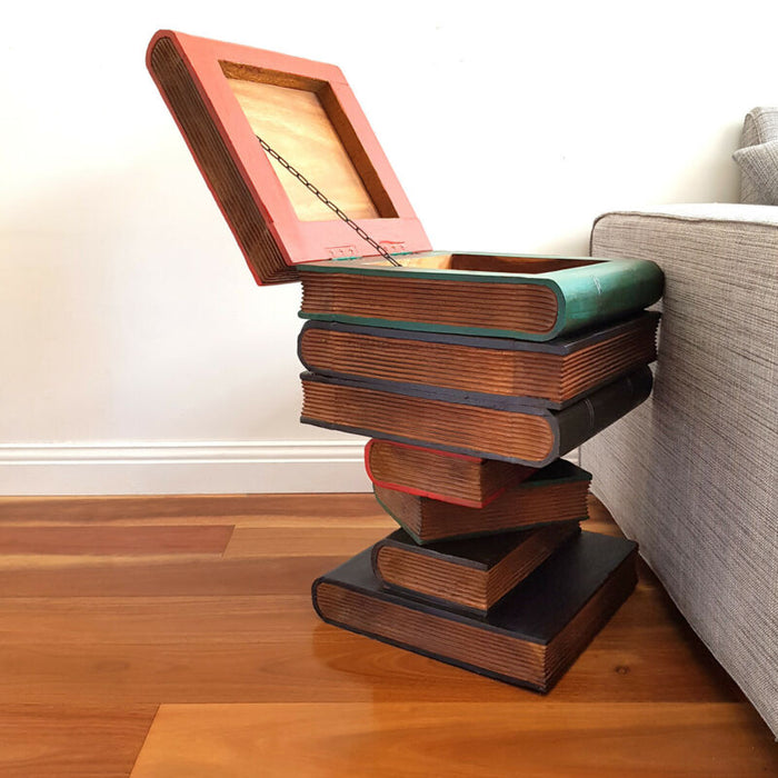 Solid Timber Corner Side Table Book Stack Plant Stand with Storage Compartment