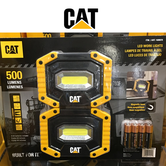 CAT LED Work Light 2 Pk Magnetic Rotating Handle 500 Lumens 8X AA Alkaline Batteries Included