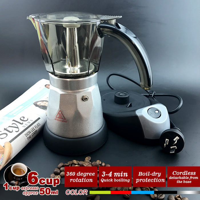 Electric Moka Coffee Maker Espresso Machine Italian Classic 6 Cups Auto Power