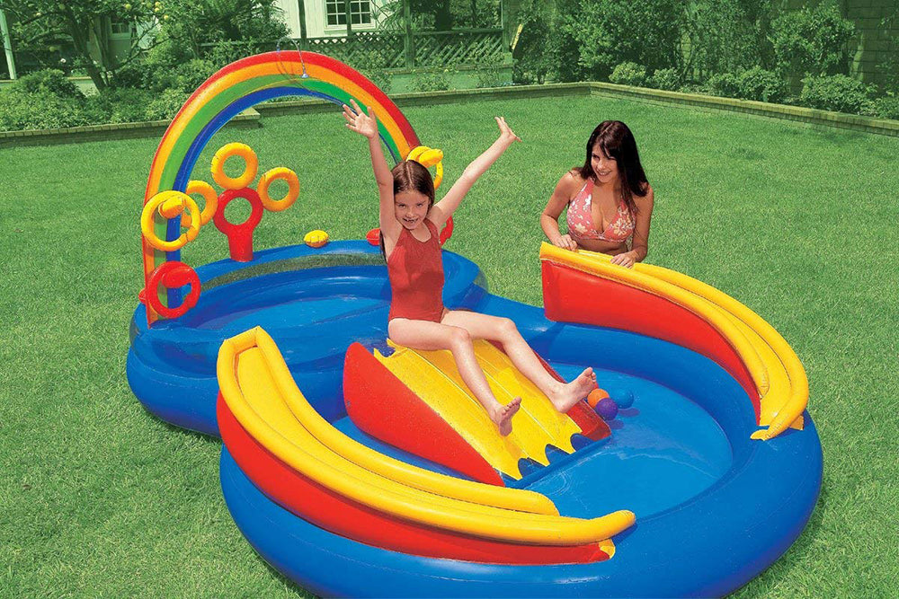 INTEX Inflatable Kids Rainbow Ring Water Play Center Kids Pool Slide Games