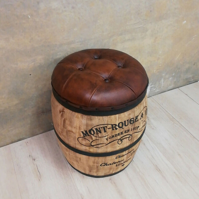 Montty Rouge Mango Wood Wine Barrel Stool with Leather Seat Storage