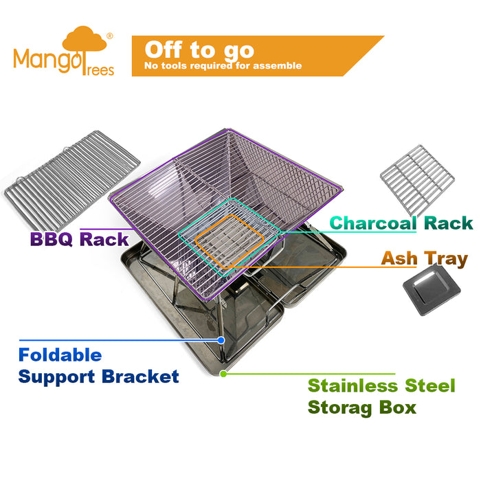 Stainless Steel Foldable Charcoal BBQ Grill Lightweight Camping Portable