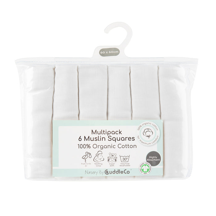 Cuddleco White Organic Soft Cotton Muslin Squares 6 Pack Set For Baby’s Sensitive Skin 60X60cm