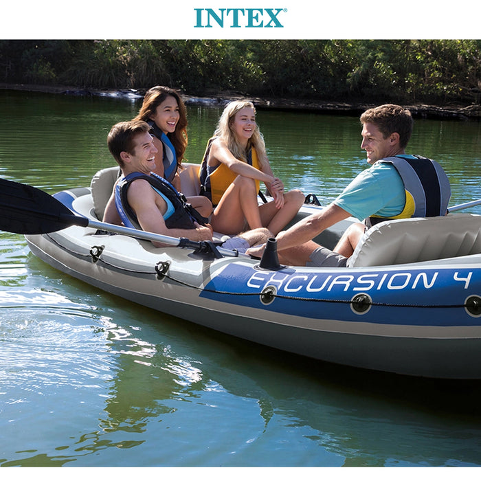 Intex Excursion 4 Person Inflatable Boat Kayak Set Raft River Lake 2Oars Pump