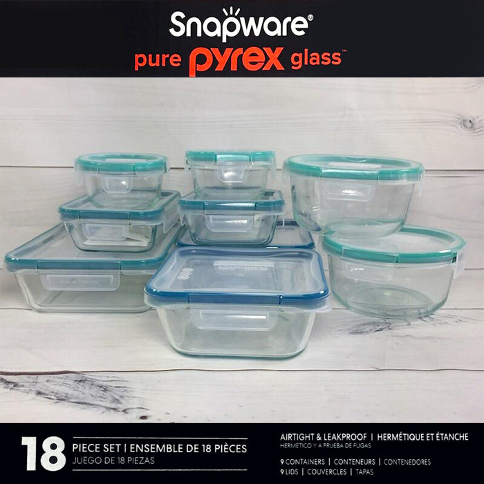 Snapware Pyrex 18-piece pure Glass Food Storage Set, Airtight, Leak-Proof -  NEW