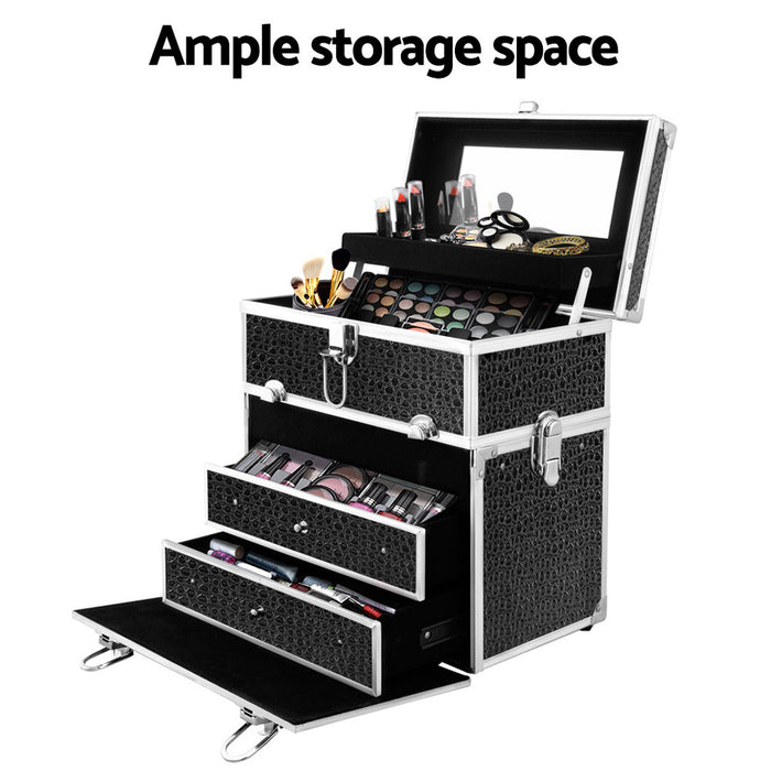 Embellir Portable Cosmetic Beauty Makeup Carry Case With Mirror - Crocodile- Black