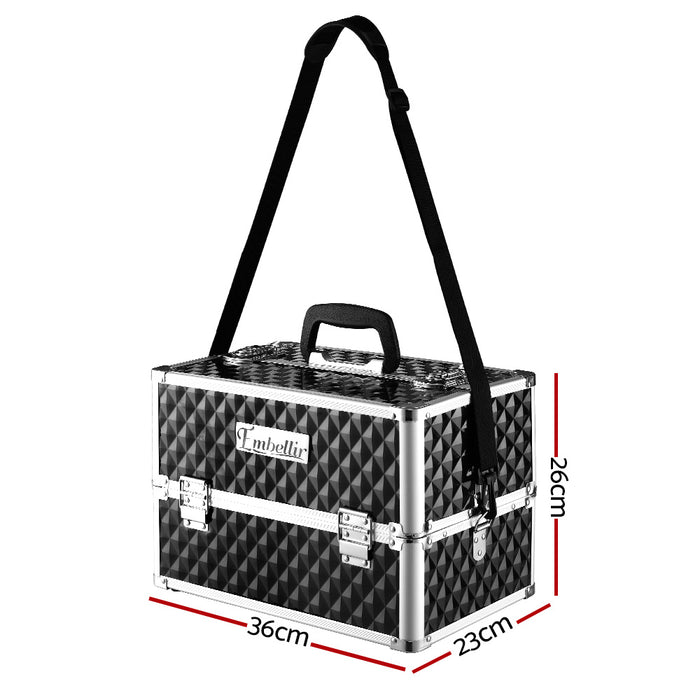 Embellir Portable Cosmetic Beauty Makeup Case With Mirror- Diamond Black