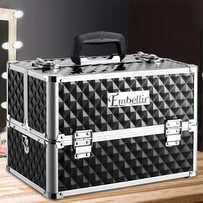 Embellir Portable Cosmetic Beauty Makeup Case With Mirror- Diamond Black