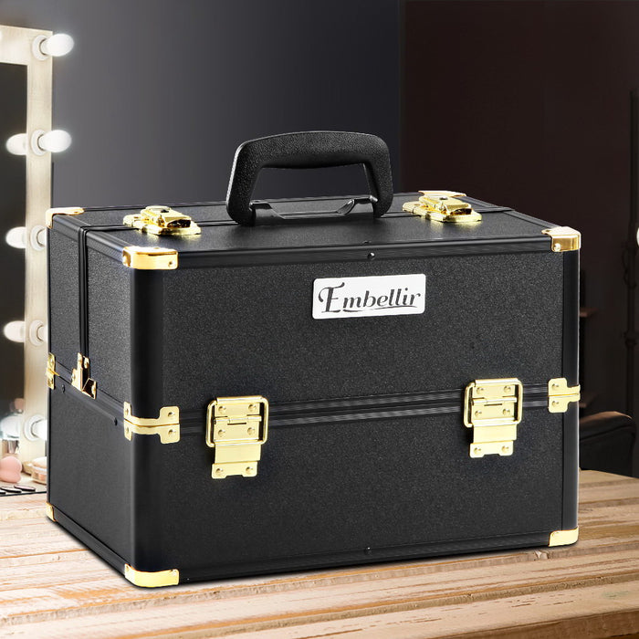 Embellir Portable Cosmetic Beauty Makeup Case  With Mirror- Black & Gold