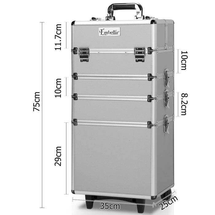 Embellir 7 in 1 Portable Cosmetic Beauty Makeup Trolley Box Aluminum Cosmetic Organizer - Silver