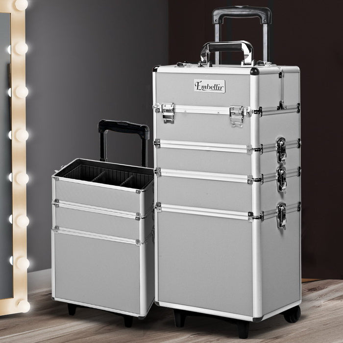 Embellir 7 in 1 Portable Cosmetic Beauty Makeup Trolley Box Aluminum Cosmetic Organizer - Silver
