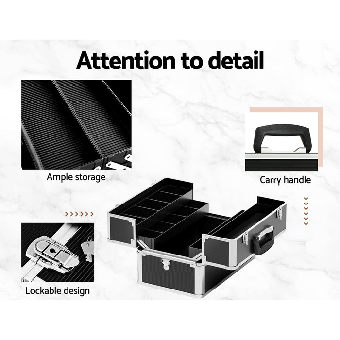 Embellir Portable Cosmetic Beauty Makeup Case With Mirror Carry Organizer- Black