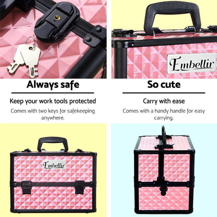 Embellir Portable Cosmetic Beauty Makeup Case  With Mirror - Diamond Pink