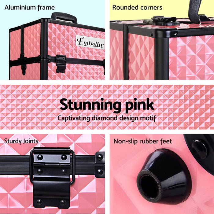Embellir Portable Cosmetic Beauty Makeup Case  With Mirror - Diamond Pink