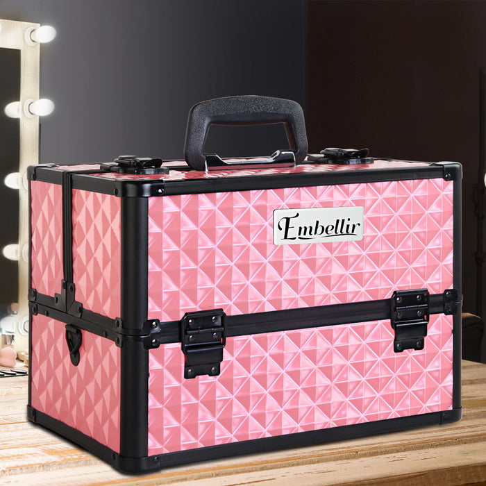 Embellir Portable Cosmetic Beauty Makeup Case  With Mirror - Diamond Pink