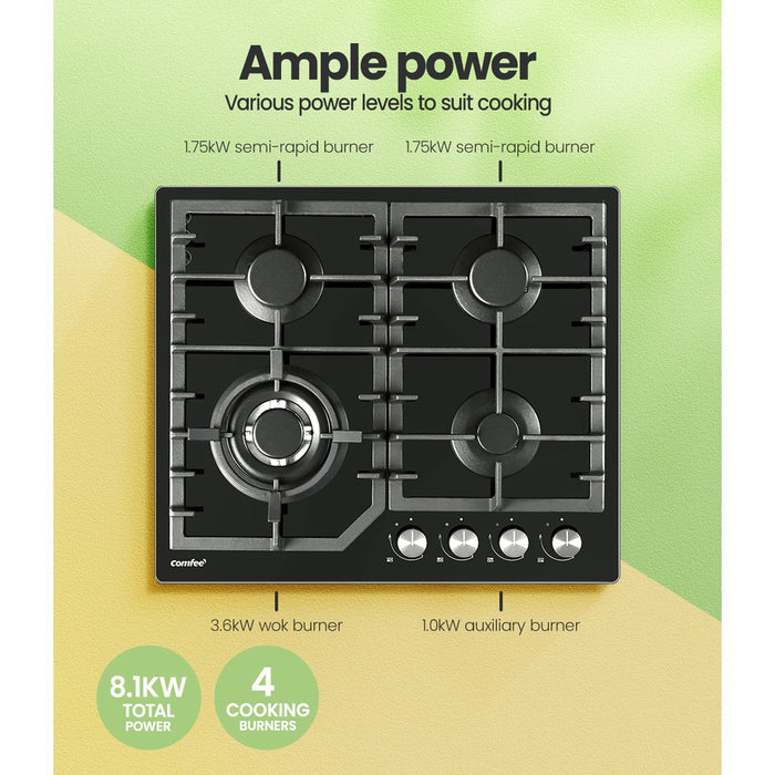 Comfee 60cm Gas Cooktop 4 Burners Kitchen Gas Hob Trivets Stove Cook Top Black