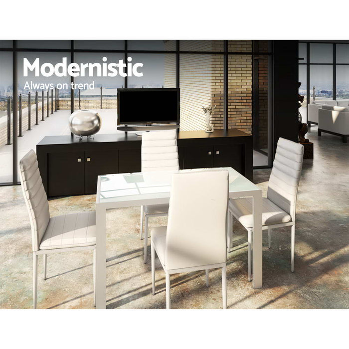 Artiss 5 Piece Dining Table Set Contemporary and Modern Design Glass Top Matt Finish PVC Seat- WhiteHigh Quality