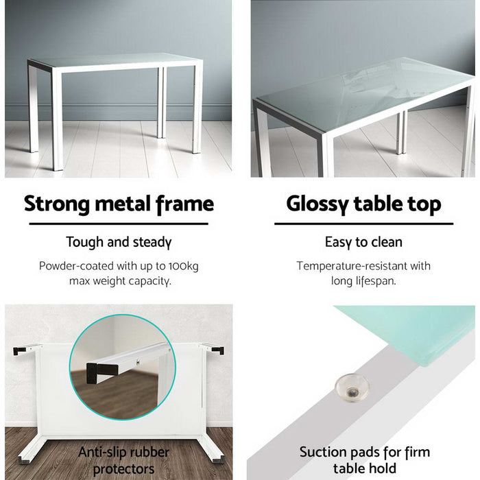 Artiss 5 Piece Dining Table Set Contemporary and Modern Design Glass Top Matt Finish PVC Seat- WhiteHigh Quality