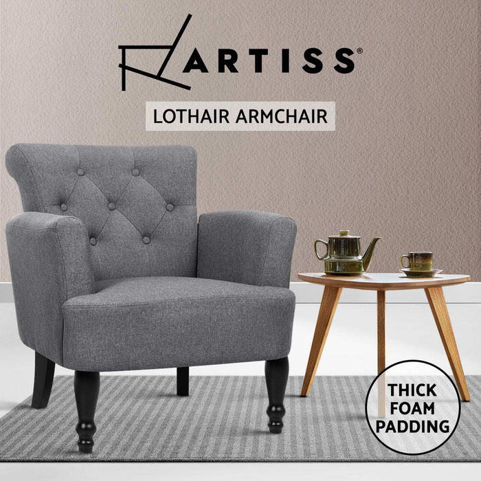 Artiss French Lorraine Chair Retro Wing Wing Armchair Elegant Tuffed Button Design Delicate Fabric Designed Round Corners - Grey