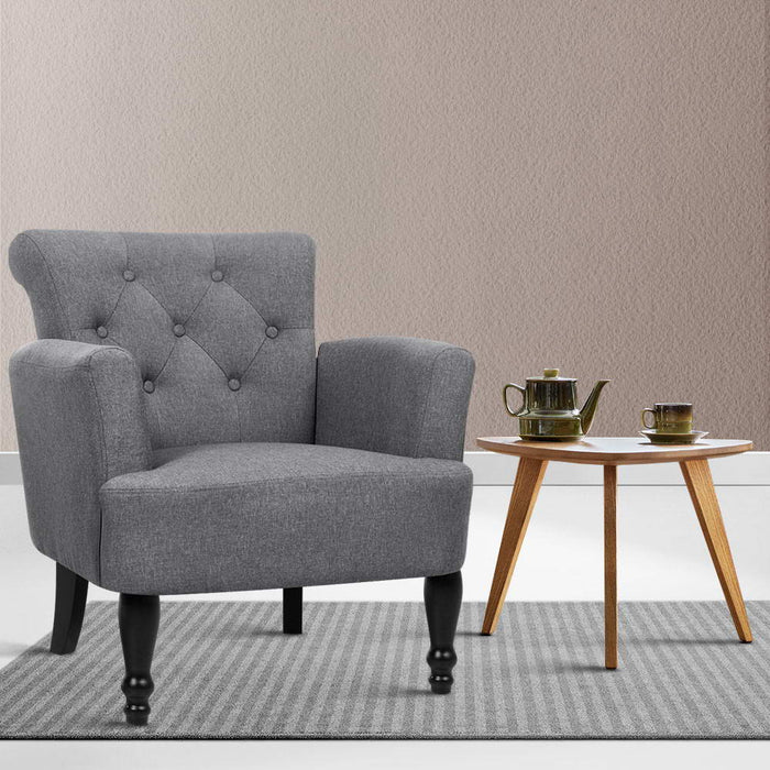 Artiss French Lorraine Chair Retro Wing Wing Armchair Elegant Tuffed Button Design Delicate Fabric Designed Round Corners - Grey