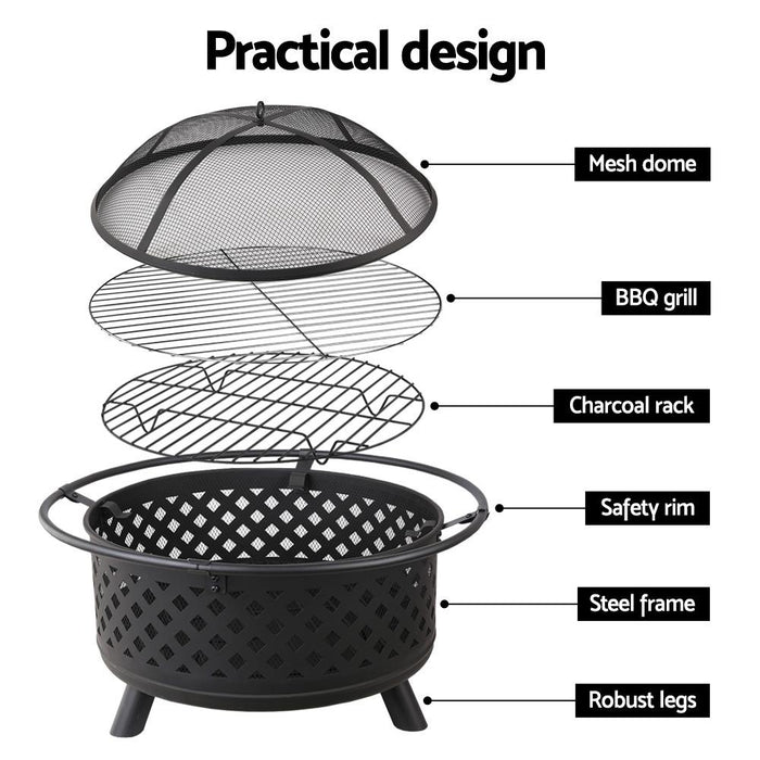2 in 1 Fire Pit & BBQ Grill Smoker Portable Outdoor Fireplace Patio Heater Pits 30" Grillz