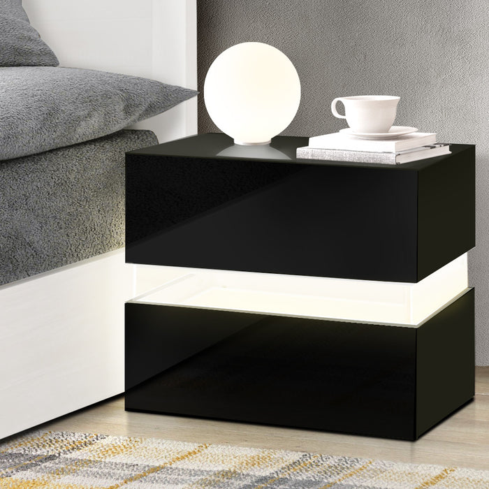 Artiss Bedside Table LED 2 Drawers - LUMI Black