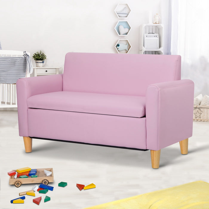 2 Seats Kids PU Leather Sofa Storage Armchair Lounge Children Chair Couch- Pink
