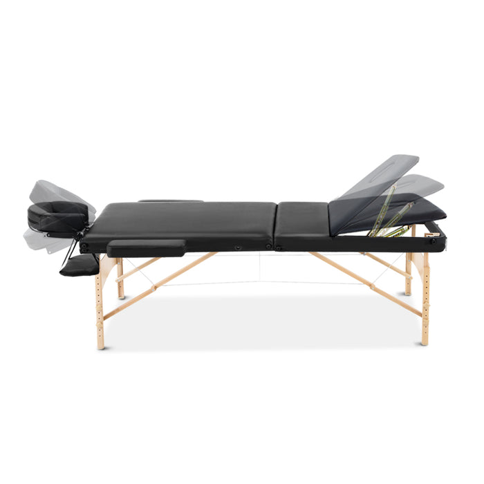 Zenses Massage Table 60cm Portable 3 Fold Wooden Beauty Bed Black