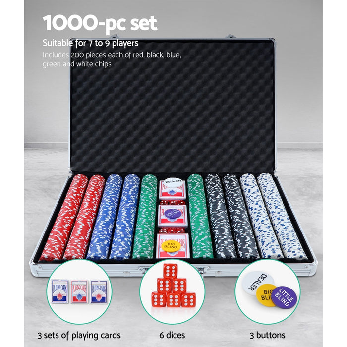 1000pcs Poker Chips Set Casino Texas Hold'em Gambling Party Game Dice Cards Case