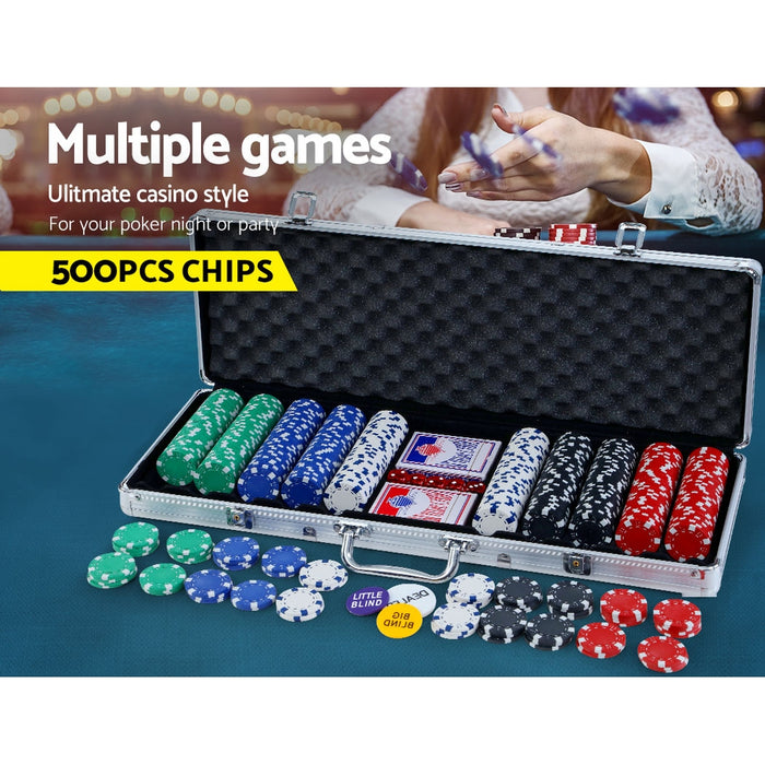 500pcs Poker Chips Set Casino Texas Hold'em Gambling Party Game Dice Cards Case