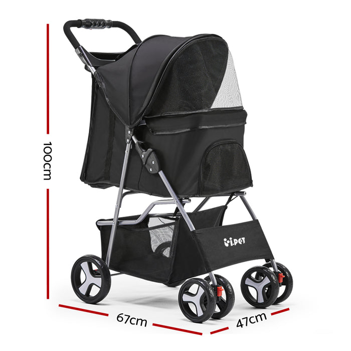 Cat Puppy 4 Wheel Pet Stroller Dog Pushchair Carrier Folding Carrier Cart- Black