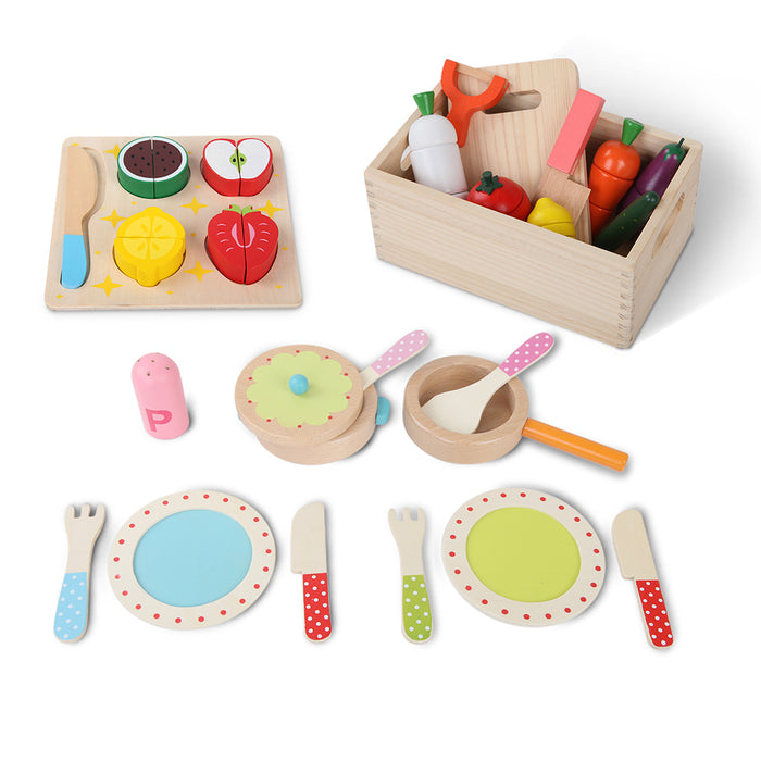 29 Piece Kids Food Play Set Children Wooden Kitchen 3 In 1 Play Set Play And Learn
