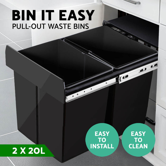 Cefito 2x20L Pull Out Bin Kitchen Waste / Recycling Bin - Black